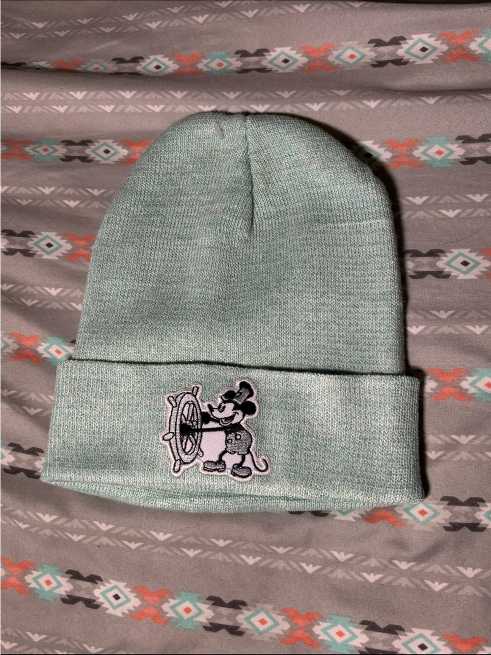 adults one size Mint Green Beanie Hat with Cartoon Patch Mickey Mouse NWOT